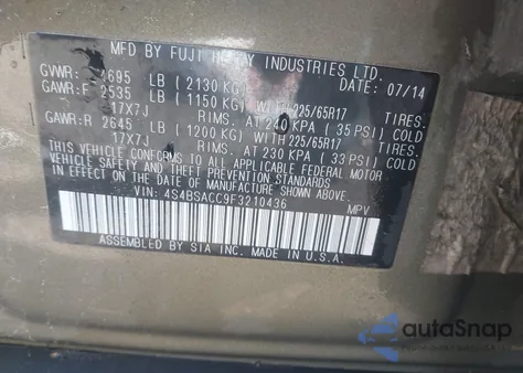 2015 Subaru Outback 2.5I Premium z USA, uszkodzony, nr VIN 4S4BSACC9F3210436